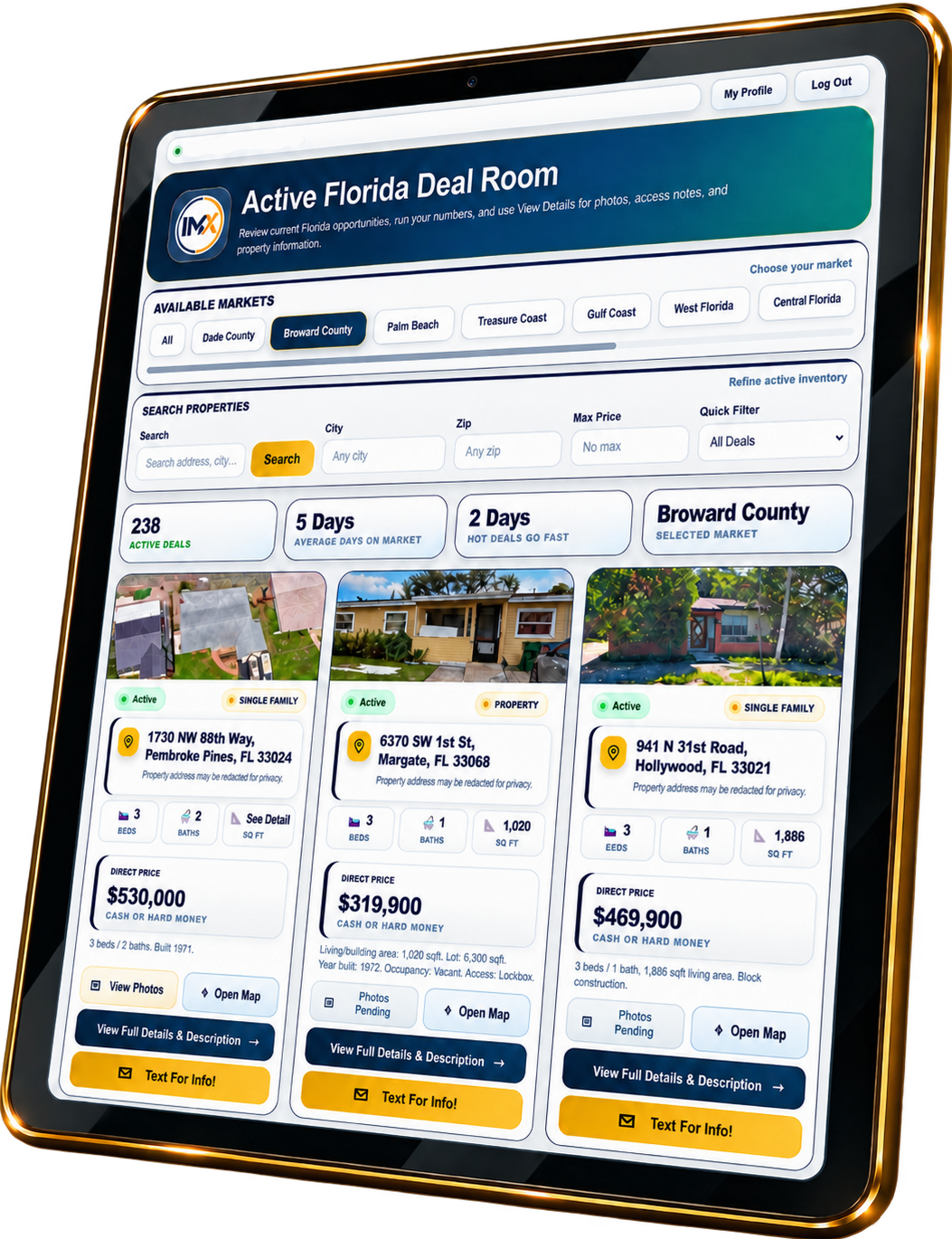 Investor MX Active Florida Deal Room showing professional real estate inventory, market filters, property search tools, deal metrics, and active Florida wholesale investment opportunities.