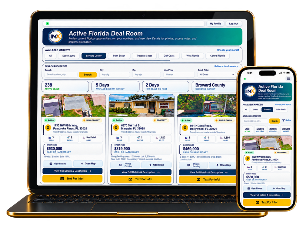 Investor MX Active Florida Deal Room shown on laptop and mobile devices for professional real estate deal review.